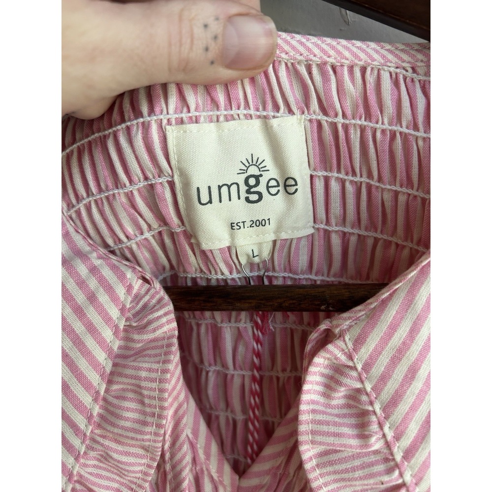 Umgee Striped Smocked Mini Dress NWT L Pink Peter Pan Collar Ruffle Coquette - Picture 9 of 11